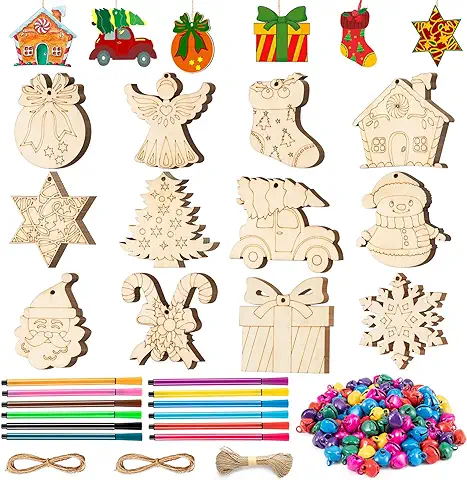 WEVOL72 Piezas Adornos Arbol Navidad,12 Estilos Kit Decoracion Navidad Madera Pinta,Colgantes Artesanales Adornos para Arbolitos Personalizado,Originales Manualidades Navidadr Niños con Cuerda/Campana  