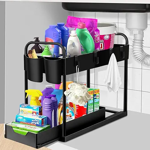 Wholede Organizador Cocina 2 Niveles, Organizador bajo Fregadero Extraible, Estanterias Almacenaje con 4 Ganchos y 2 Cesta, Organizador Armario para Cajones, Cocina, Baño  