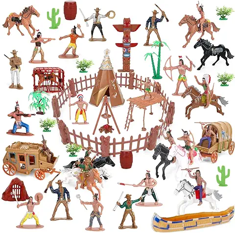 Wild West Cowboys and Indians - Juego de Figuras de Plástico, 77 Juguetes Educativos, cubo de Indios Nativos Americanos, Figuras de Acción y Accesorios para Niños y Niñas a Partir de 3 Años  