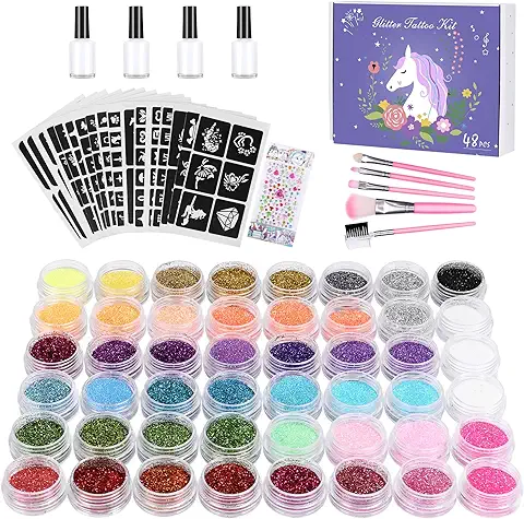 Winpok Kit Tatuajes Multicolor Purpurina, 48 Colores Temporales con 203 Plantillas, de Brillo Impermeable No Tóxico, Regalos para Niños Adultos Fiesta  