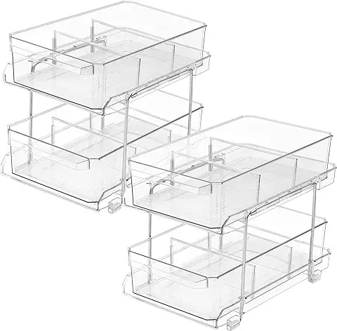 Winter Shore Cajones Almacenaje de 2 Niveles con Separadores Extraíbles [Pack de 2] - Estantes Deslizables de Plástico Transparente Organizador Cajones Baño, Cocina, Despensa - Fácil de Limpia  