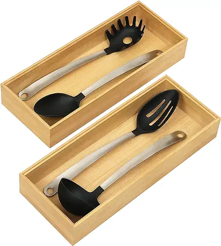 Winter Shore Organizador Cajones Cocina de Bambú [Pack de 2] - Bandeja Cubiertos Cajon de Madera Natural Apilables para Despensa - Guarda Cubiertos e Utensilios y Cubiertos - 15,5 x 6,5 x 38,5 cm  