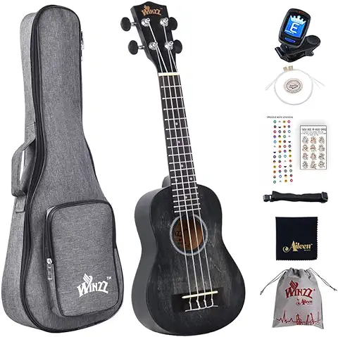 Winzz Ukelele Soprano para Niños Kit para Principiantes con 8 Accesorios, Diseño de Color Único - 21 Pulgadas Negro  