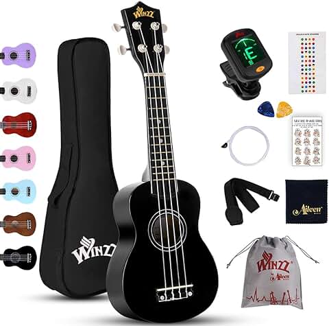 Winzz Ukelele Soprano Starter Kit para Principiante. Incluye: Funda, Afinador, Cuerdas Extra, Correa Ajustable, Púas, Pegatinas de Notas, Guía de Acordes y Paño de Pulido. Color: Negro  