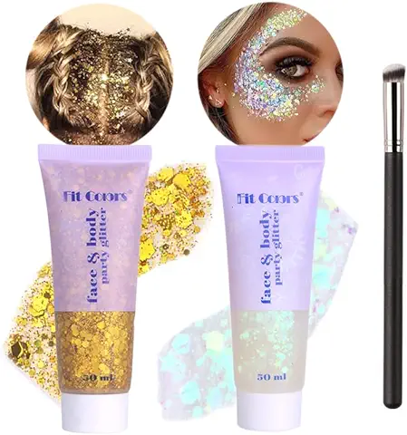 WishesMar 2 Piezas Dorado Plateado Purpurina Gel para Cuerpo y Cara Chunky Brillo Body Glitter Gel para Maquillaje Festival Holográfico Purpurina para La Cabello, Labios, Halloween, Fiesta, Mascarada  