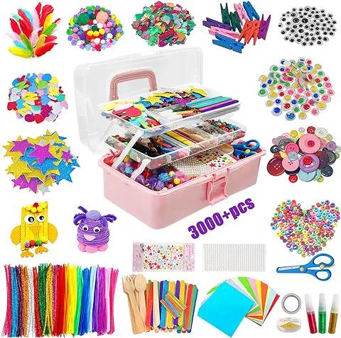 Withosent Kit Manualidades Niños 3000+PCS, DIY Juego Creativo Material, Limpiapipas, Pompoms, Varillas, Wiggle Eye, Cuentas, Lentejuelas, Regalo para Craft  