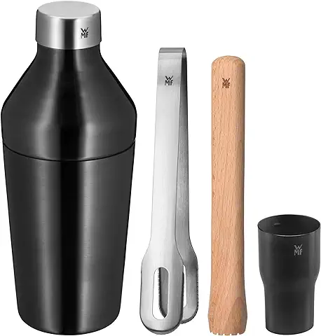 WMF Baric - Juego de Cócteles (4 Piezas, Incluye Coctelera de Acero Inoxidable, Pinza para Hielo, Mortero de Madera, Apilable, en caja de Regalo)  