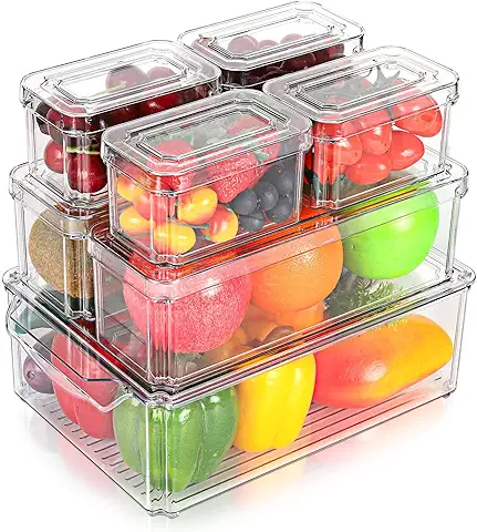 Wodasi Organizadores para la Despensa, Organizador Nevera Juego de 7, Transparente Apilable Fridge Organizer Frigorifico con Cubierta, Cocina Almacenamiento Organizadores  