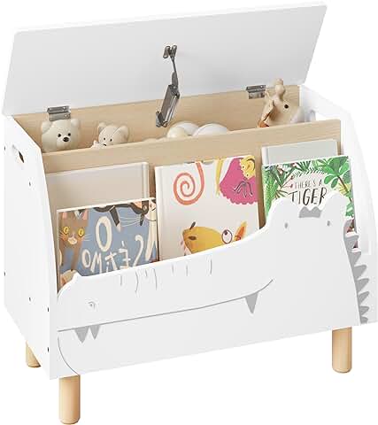 WOLTU Caja de Almacenamiento de Juguetes, Banco con Estante, Diseño de Cocodrilos, Cajonera Juguetes Estantería Libros, Baúl de Madera Almacenaje para Cuarto, Pie de Cama Infantil, 60x30x44 Cm，KR033ws  