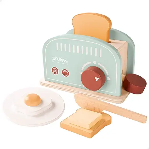 WOOMAX 49546 - Tostadora de Juguete de Madera para Niños con Accesorios / Incluye 2 Tostadas, 1 Huevo Frito, 1 Trozo de Mantequilla, 1 Cuchillo y 1 Plato / Accesorios de Cocina para Niños y Niñas  