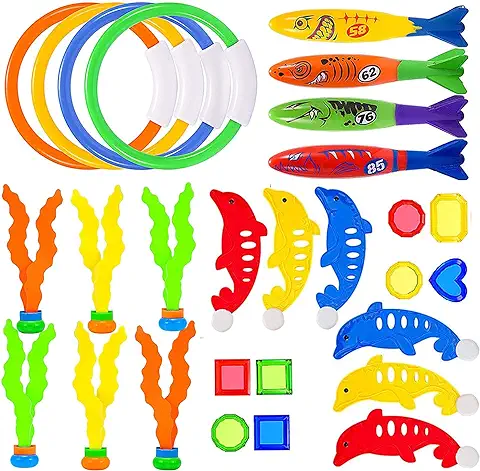 Wybtbm 28pcs Juguetes de Buceo, Juego bajo el Agua, Anillo de Piscina de Natación Juguete Bolas Bandidos Torpedo para Niños  