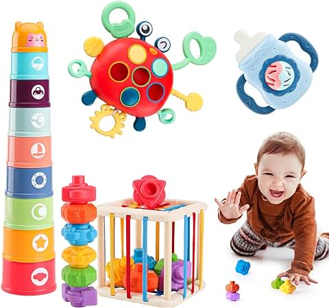 XAZASTOV 5 en 1 Montessori Juguetes para Bebes - Bloques Apilables, Cubo Clasificador de Formas, Tirar de la Cuerda, Dentición, Bebes Sensorial Educativos Juguetes para Niñas de 1 Año  