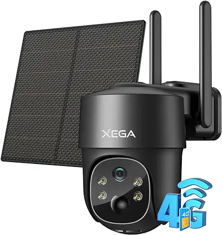 Xega 4G LTE Cámara Vigilancia Exterior con Sim, Camara 4G Solar Sin Cable con Batería 2K HD PTZ 355°/90°, Visión Nocturna, Detección De Movimiento, Audio Bidireccional, Almacenamiento Local & Cloud  