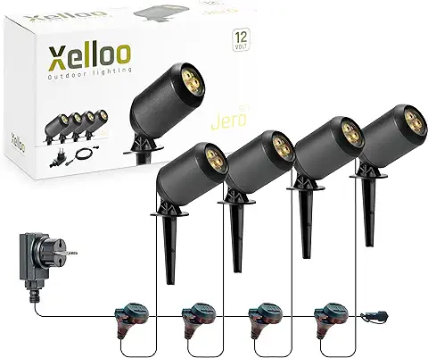 Xelloo set de Iluminación de Jardín JERO, 12 v, 4 Luminarias de Aluminio/PVC LED de 1 W Blanco Cálido con Espiga, IP44 Resistente al agua y Conexión Deslizante, Autoinstalación Fácil y Segura  