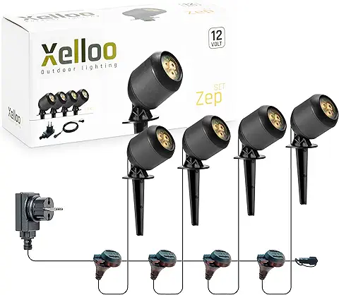 Xelloo set de Iluminación de Jardín ZEP, 12 v, 4 Luminarias de Aluminio/PVC LED de 1 W Blanco Cálido con Espiga, IP44 Resistente al agua y Conexión Deslizante, Autoinstalación Fácil y Segura  