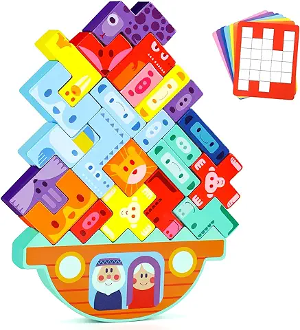 XIAPIA Juguetes Montessori Tetra Tower, Juguetes Madera de Equilibrio Arca de Noé, 58 pcs Stack Attack, Juegos Educativos de Bloques de Construcción, Regalos Niños Niñas 1 2 3 Años Cumpleaños Navidad  