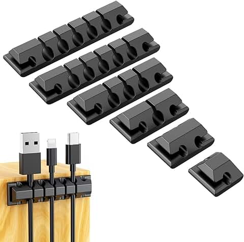XPEX 6 Piezas Organizador Cables Escritorio, Sujeta Cables Adhesivo, USB Clips De Cable Duraderos con Autoadhesivo Fuerte,Cable Management para Pc Laptop Cargador O Ratón Hogar Oficina  