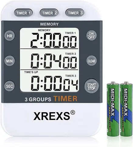 XREXS Temporizador de Cocina Digital 3 Canales, Gran Pantalla LCD Contar Arriba/Abajo, Cronometro Oposiciones Magnético para Fitness, Belleza, Aula, Reunión, Cocina(Baterias Incluidas)  