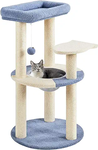 Yaheetech Árbol Rascador para Gatos Torre con Soporte en Forma de Pez Sisal Tazón de Gato Transparente 48.5x48.5x90 cm Azul y Beige  