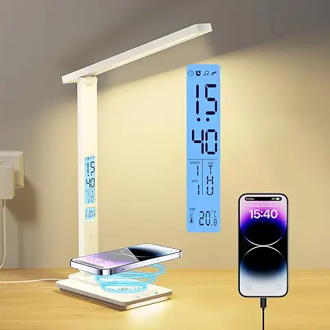 YAMYONE Lámpara de Escritorio LED con Cargador Inalámbrico & Puerto USB, Lámpara de Mesa 5 Colores 5 Brillos 2 Luces Nocturnas, Pantalla LCD Reloj Temperatura Protección Ocular Lámpara de Noche  