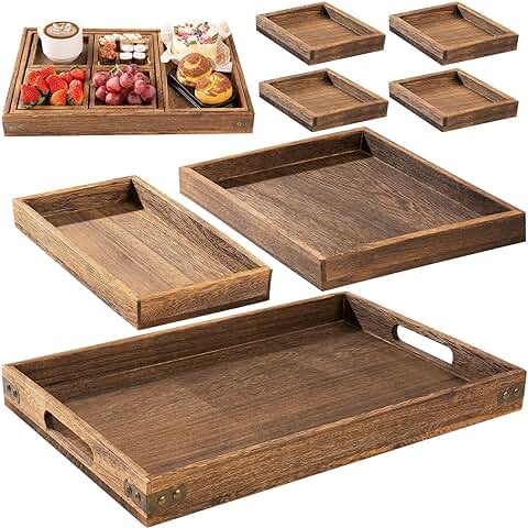 Yangbaga 7Piezas Bandejas Madera Rectangular de Madera de Paulownia para Servir Comida, Bandeja Rústica con Asa para Desayuno, Bebidas, Aperitivos, Mesa de Café, Comedor y Decoración del Hogar  