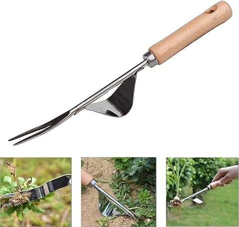 YAVO-EU Eliminar Malas Hierbas Extractor Quita Desherbador Manual Horquilla de Mango de Madera Desmalezador de Jardín De Acero Inoxidable  