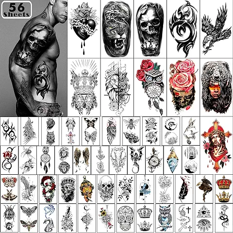 Yazhiji 56 Hojas de Pegatinas de Tatuajes Temporales 11 Hojas de Tatuajes de Medio Brazo para Hombres o Mujeres con 45 Hojas de Pequeños Tatuajes Falsos  