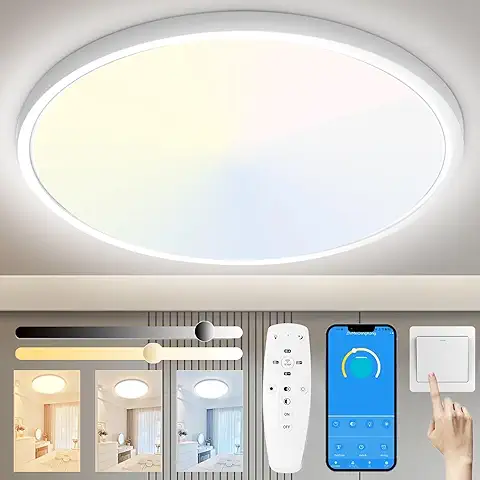 Yexati Lampara de Techo 24W 3200LM Regulable, Plafon LED Techo con Mando a Distancia 3000K-6500K IP54 Lampara LED Techo Modernos 30CM para Dormitorio Cocina Salon Baño Comedor Pasillo, Blanco  