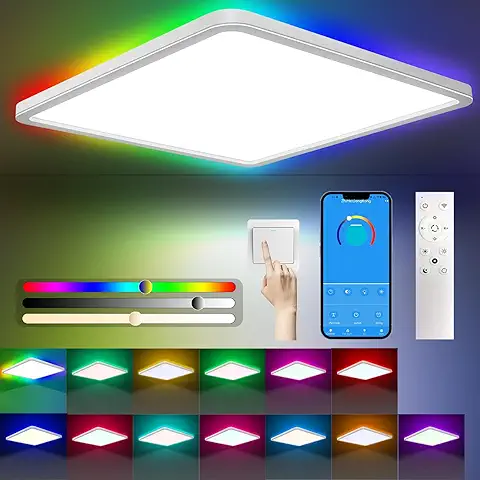 Yexati Plafon LED Techo Regulable 24W 3200LM, 3000K-6500K Lámpara de Techo con Control Remoto, Luz de Techo LED de 13 Colores RGB, Luz Panel Plano Impermeable IP54 para Baño Salón Dormitorio Cocina  