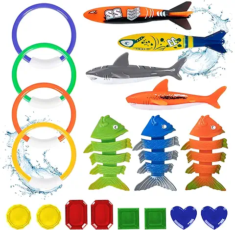 YHmall 19 Piezas Juguetes de Buceo la Piscina, Juego de Juguetes de Buceo para Niños, Juego Anillos de Buceo con Gemas de Buceo Torpedo, Regalo de Piscina Cumpleaños para Niños y Niñas  