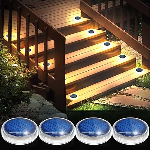 YiLaie Luces Deck Solares Exterior,Lámpara Solar Jardin 24 LED 360°Iluminación IP68 Impermeable Auto ON/OFF Luz Solar Suelo para Step,Patio,Garaje,Camino,Dock Entrada Calle Valla-Blanco Cálido（4Pack）  