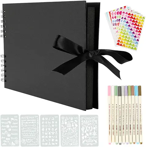 YILEEY Album de Fotos para Pegar y Escribir Scrapbook, 80 Páginas Negras, DIY Scrapbooking Set con 10 Rotuladores 5pcs Plantillas 6pcs Pegatinas y 2pcs Photo Corners, Original Regalos  