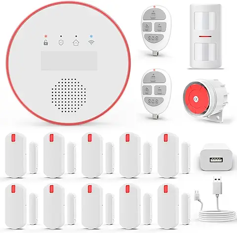 YISEELE Alarmas para casa WiFi, 16-Pieza kit Alarma casa con APP, Sistemas de Seguridad para el Hogar con 10 Sensor Puertas, 1 Anti-pet PIR, 2 Control Remotos, 1 Sirena con 120DB, Compatible con Alexa  