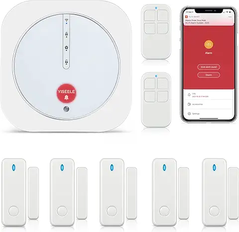 YISEELE Alarmas para Casa, WiFi Alarma Sistema Antirrobo Inalámbrico, Kits de Seguridad con App, Kit de 9 Piezas, Trabajo para el Hogar, Apartamento, Garaje, Compatible con Alexa, Google - Ampliable  