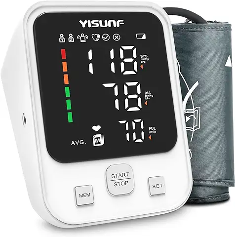 Yisunf Tensiómetro de Brazo Digital, Medidor Tension Arterial Pantalla LED, Medición Precisa del Pulso, Máquina de Presión Sanguínea en Casa con 2x90 Memoria, Brazalete 22-42cm  