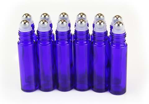 YIZHAO Azul Botellas Roll On Cristal para Aceites Esenciales 10ml, con Roll-on Bola de Acero Inoxidable, para Aceites Esenciales, Masajes, Aromaterapia, Botella de Laboratorio – 12 Pcs  
