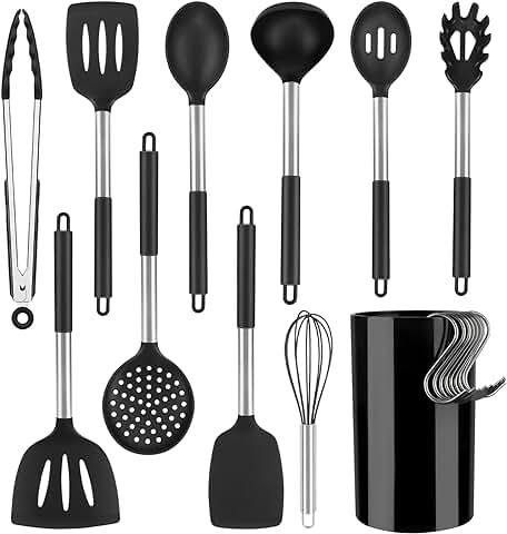 YMERSEN Utensilios de Cocina de Silicona, 12 Piezas Utensilios Cocina Resistente al Calor Utensilios de Cocina con Mango de Acero Inoxidable para Sartén Antiadherente (Negro)  