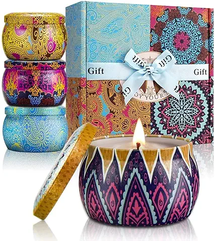 YMing Velas Aromática, Juego de 4 Piezas 5.65Oz Velas Perfumadas, Estaño de Viaje de Cera Natural de Soja Portátil, Regalos Originales para Mujer, Aliviar el Estrés y Aromaterapia  