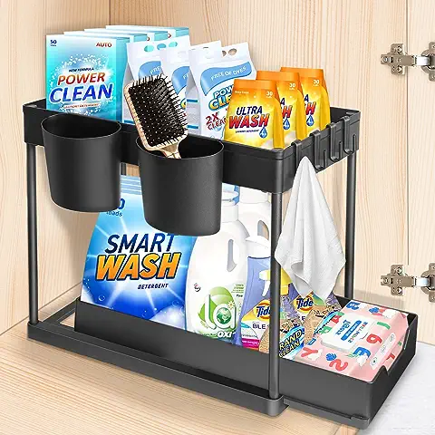 YOCOLE Organizador Bajo Fregadero 2 Niveles, Deslizable Estante Almacenamiento Debajo Fregadero con 4 Ganchos y 2 Cesta Colgante, Cajon Extraíble para Cocina Bano, Negro  