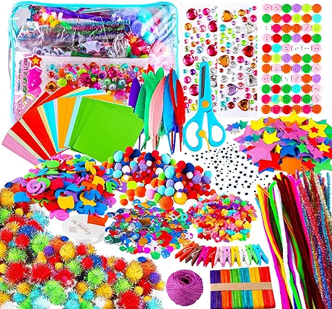 Yojoloin Manualidades Niños 5 6 7 8 Años,1800+pcs Creativo Kit Manualidades DIY Arts Crafts Materiales,Juegos de Manualidades con Pompoms,Limpiadores de Pipa,Papel de Colores,Pegatinas  