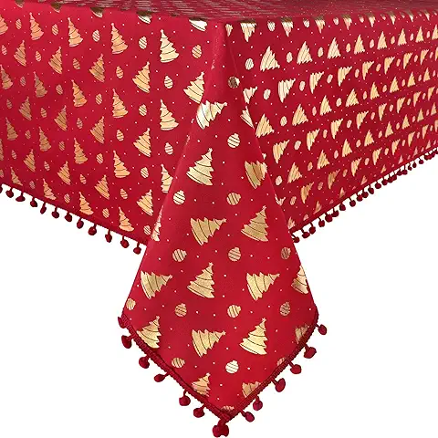 Yrendenge Mantel de Navidad Rojo, Pompón Dorado con Purpurina, Diseño de árbol de Navidad, Mantel Impermeable Lavable para Exteriores, Mantel de Cocina, Fiesta, Decoración de Navidad, 140 x 140 cm  