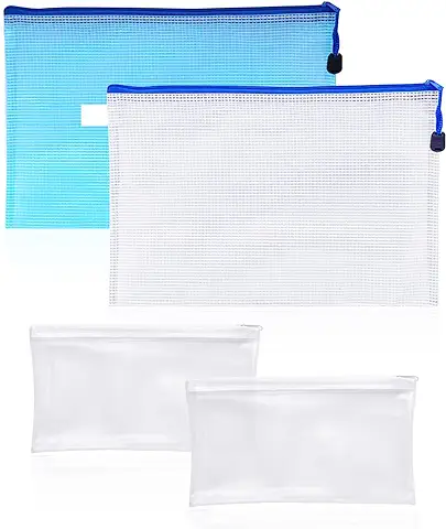 YSDYY 2 Estuches de Lápices Transparentes Blancos y 2 Estuches de Archivo A4 (Azul y Blanco), Estuche de Lápices Transparente para Exámenes, Neceser, Bolsa de Almacenamiento Esmerilada  