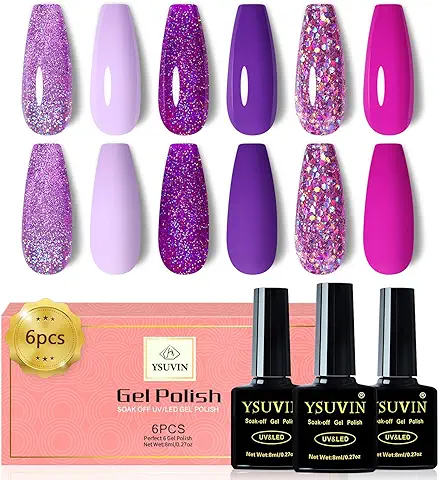 YSUVIN Esmaltes Semipermanentes para Uñas, 6 Colores Violeta Violeta Oscuro Violeta Claro Púrpura Glitter Pintauñas Semipermanentes, Esmalte Uñas Soak Off UV/LED Gel Uñas Manicura Nail Art Set, 8ml  