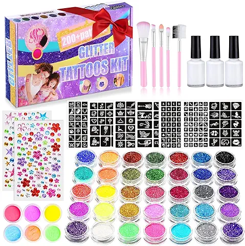 YUEONEWIN 492 Juego de Tatuajes. Tatuaje Temporal, 41 Colores Polvo con Purpurina 215 Pedrería 204 Plantillas 3 Pegamento 5 Pinceles Tatuajes para Fiestas, Waterproof  