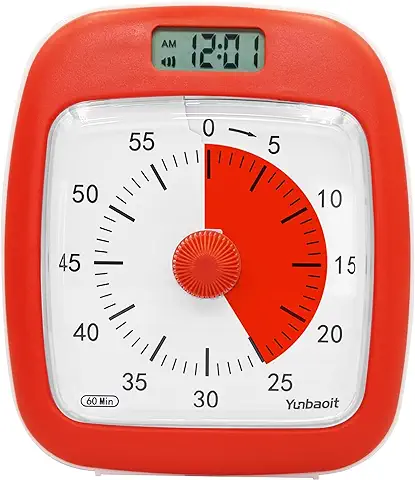 Yunbaoit Temporizador Visual con Reloj y luz Nocturna, VT07S 60 Minutos, Temporizador de Cuenta Atrás para Niños y Adultos con Alarma de Batería Baja y Alarma Opcional (Rojo)  