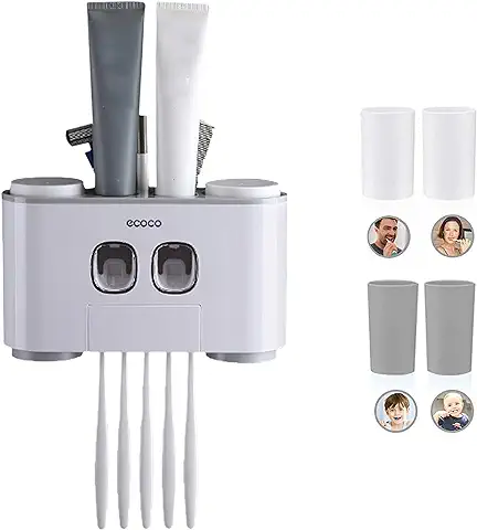 Yuning Soporte para Cepillo de Dientes, Automático Dispensador Pasta de Dientes y Conjunto de Portacepillos Montaje en Pared - Manos Libres 2 Exprimidores Pasta de - Apto para Niños y Adultos (Gris)  