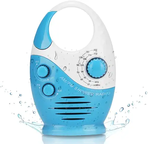 Yunseity Radio de Ducha a Prueba de Agua, Radio Am FM Portátil con Diseño de Gancho, Altavoz Incorporado de Radio con Batería, para Baño Cocina Uso Al Aire Libre (Azul)  