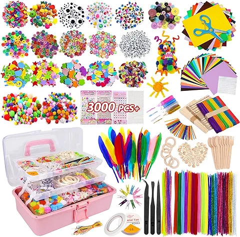 YUTUY Manualidades Niños 4 5 6 7 8 Años, 3000+ Pcs Creativo Kit Manualidades, Juego de Manualidades con Pompón,Papel de Colores,Pegatinas, Cuentas, Pluma, Juguetes Educativos Regalo para Niño Niña  