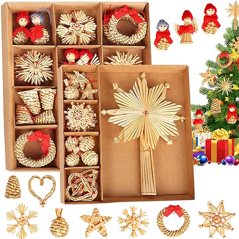 YUTUY Paja Adornos Arbol Navidad,Estrellas de Paja para árbol de Navidad,Conjunto de Decoracion Arbol Navidad Paja Personalizado,Adornos de Navidad Paja para la Familia Decoraciones de Navidad  