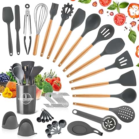 YUTUY Utensilios Cocina de Silicona,21 Piezas Utensilios de Cocina,Antiadherente con Mango de Madera,Resistentes Al Calor Utensilios De Cocina,20 S Ganchos para Utensilios (Gris Oscuro)  